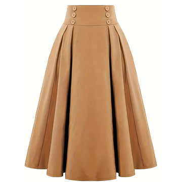 Women Pleated Skirt Retro Button Flare Skirts 50s Rockabilly Skirt