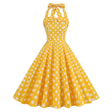 Women Retro Polka Dot Dresses Vintage 1950s Halter Cocktail Prom Dress