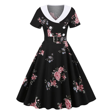 Women Short Sleeve Retro A Line Party Dress Button Cocktail Dress