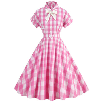 Women Vintage Pink Plaid Dress Buttons Down 50s Flared A-Line Swing Dress