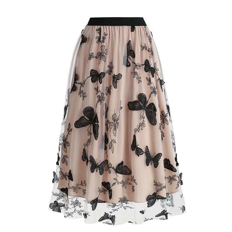 Women Tulle Skirts High Waist Layered Butterfly Print Midi Skirt