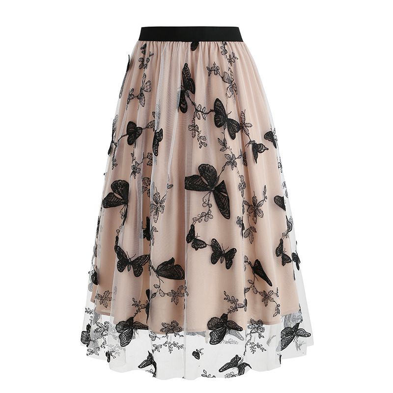 Women Tulle Skirts High Waist Layered Butterfly Print Midi Skirt