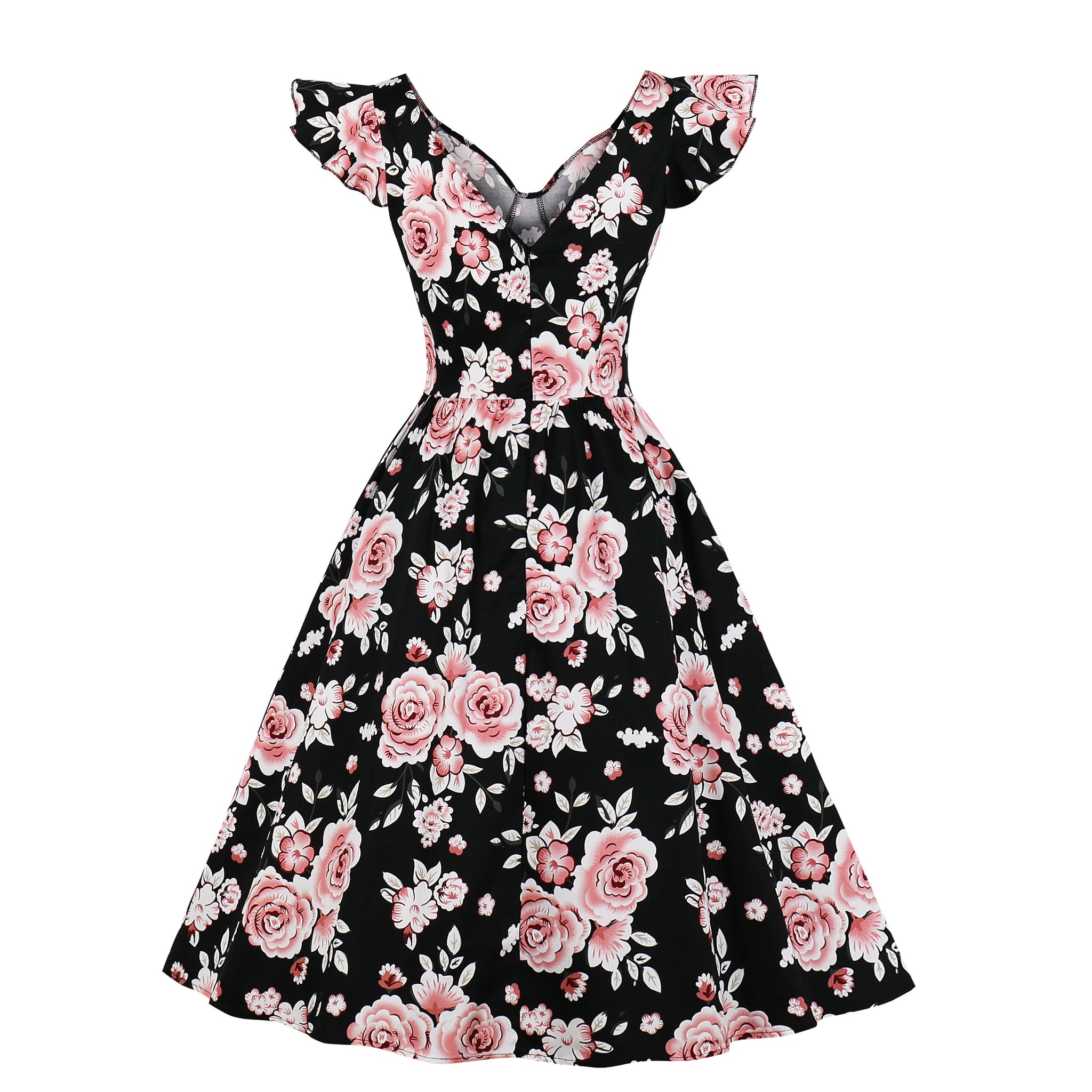 Women Vintage 1950s Cocktail Party Swing Dresses with Ruffle Cap Sleeves V Neck Floral Print Dress