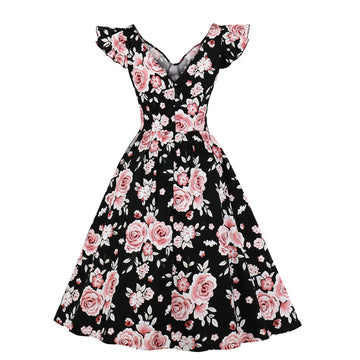 Women Vintage 1950s Cocktail Party Swing Dresses with Ruffle Cap Sleeves V Neck Floral Print Dress