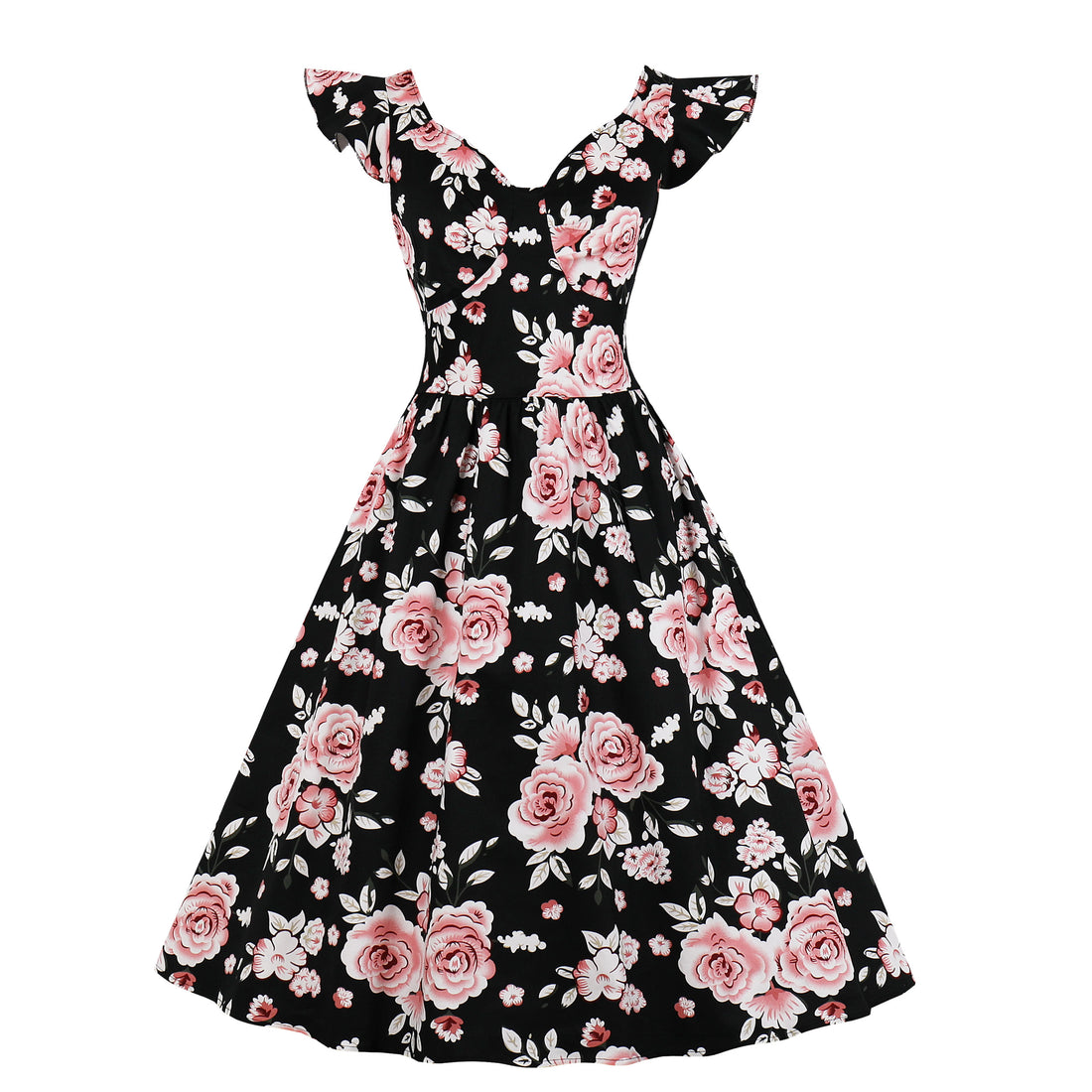 Women Vintage 1950s Cocktail Party Swing Dresses with Ruffle Cap Sleeves V Neck Floral Print Dress