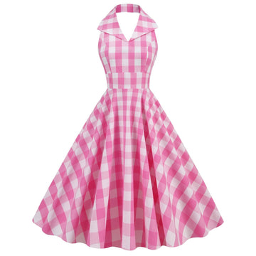 Women Vintage 1950s Halter Cocktail Party Swing Prom Rockabilly Plaid Dresses