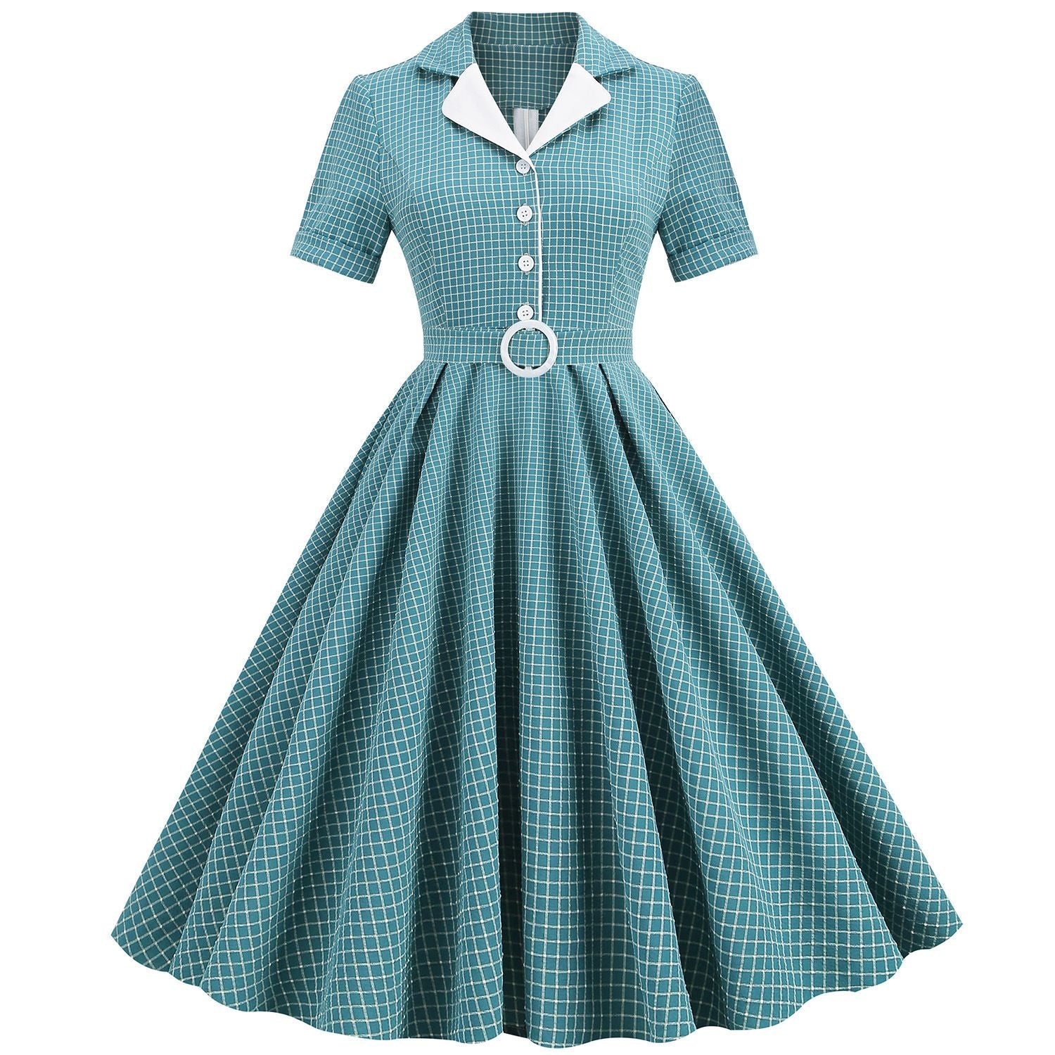 Women Vintage  Plaid Short Sleeve Dress with Belt Rockabilly Party 50S Swing Dress