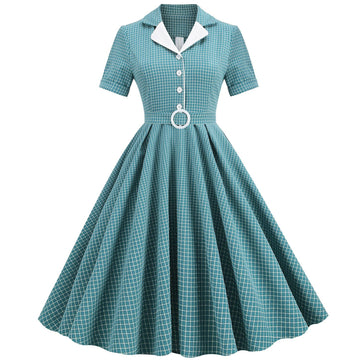 Women Vintage  Plaid Short Sleeve Dress with Belt Rockabilly Party 50S Swing Dress