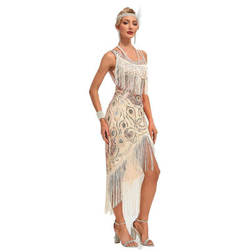 Women's 1920s Vintage Gatsby Fringed Flapper Dress Peacock Sequined Slit Roaring 20s Dresses