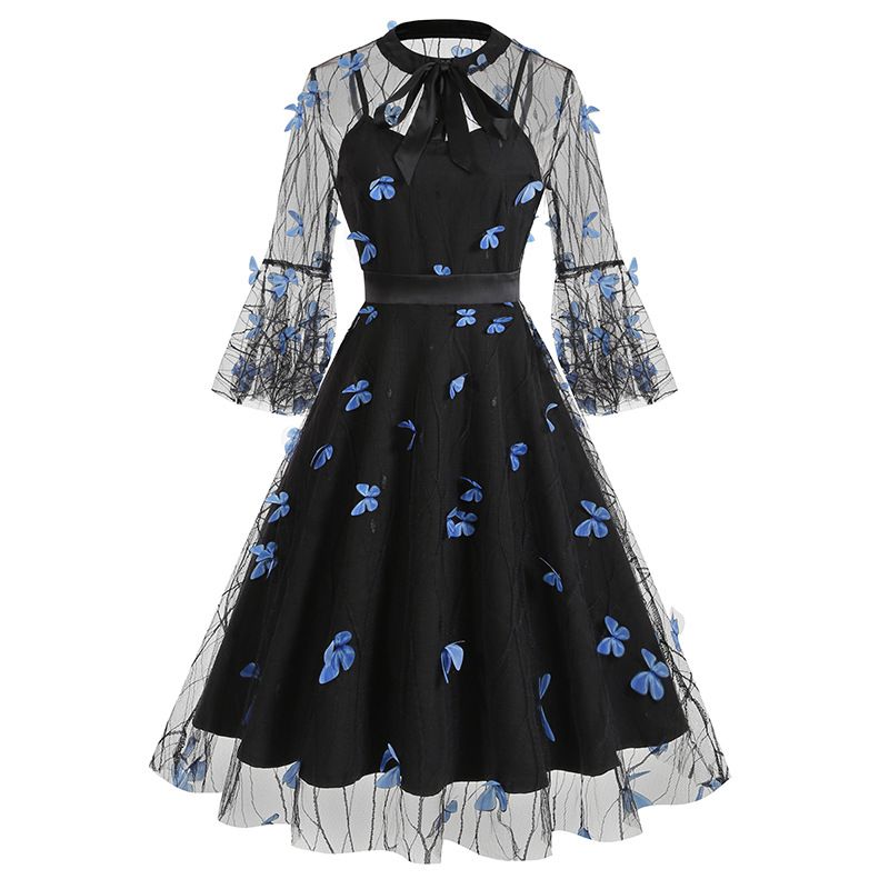 Women's Bell Sleeves Bowtie Full Mesh Two Piece Vintage Cocktail Dress
