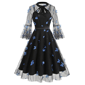 Women's Bell Sleeves Bowtie Full Mesh Two Piece Vintage Cocktail Dress