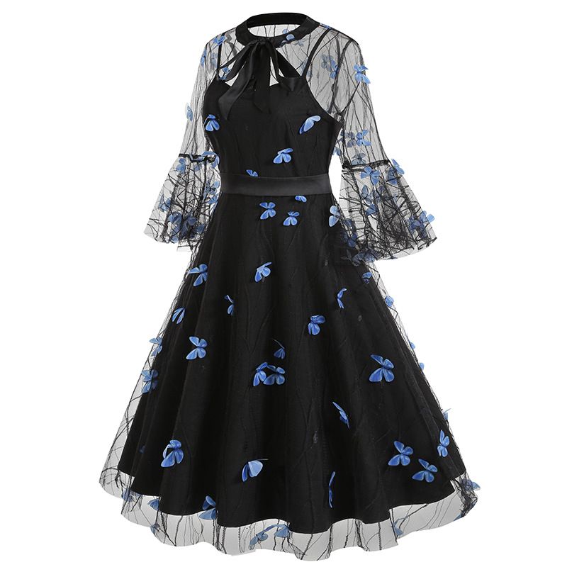 Women's Bell Sleeves Bowtie Full Mesh Two Piece Vintage Cocktail Dress