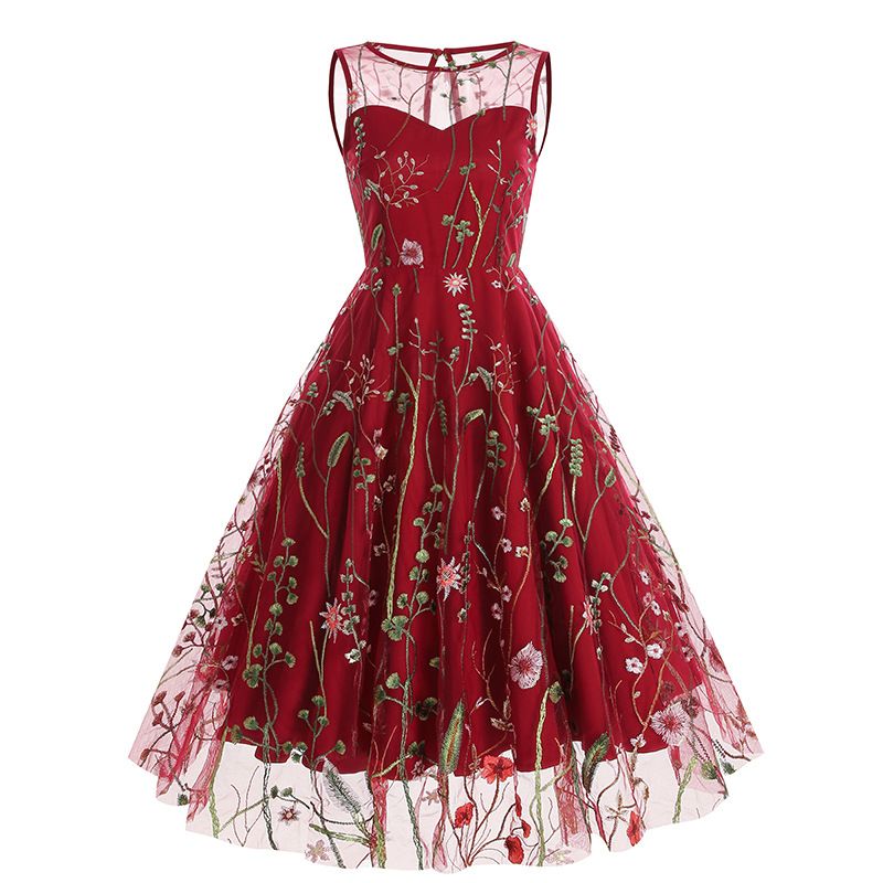 Women's Casual Sleeveless Embroidery Mesh Floral Print Maxi Long Dress