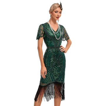 Women’s Flapper Dress 1920S V Neck Beaded Fringed Dress Lace Sleeve Cocktail Party Dress