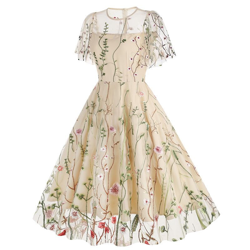 Women's Flutter Sleeves Sheer Floral Embroidery Mesh Cocktail Formal Vintage Dress
