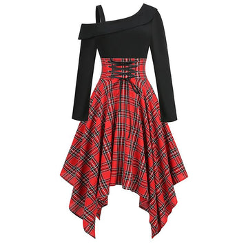 Women's Gothic Plaid Lace Up Irregular Hem Long Sleeve Dress