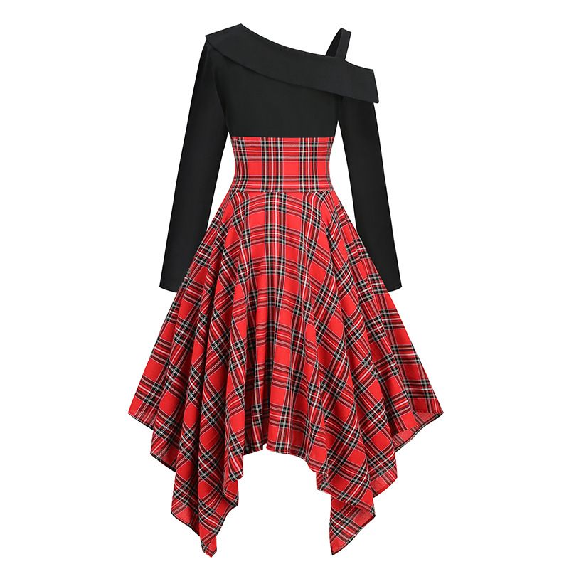 Women's Gothic Plaid Lace Up Irregular Hem Long Sleeve Dress