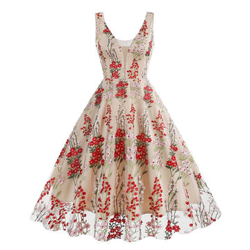 Women's Plunge V Neck Floral Embroidery Mesh Cocktail Formal Evening Vintage Dress