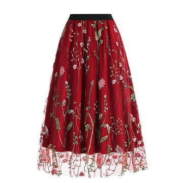 Women's Retro 50s Vintage Floral Tulle Embroidery A-Line Pleated Skirts