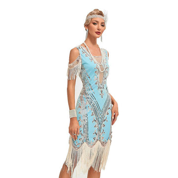 Women's Short Sleeve Sequin Mesh Patchwork Fringe Hem Cocktail 1920s Gatsby Dress