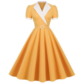 Women's Vintage 1950s Retro Party Dress Short Sleeve V-Neck with Belt