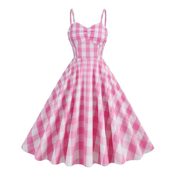 Women's Vintage Pink Plaid Dress Spaghetti Strap A-line Swing Party Dresses