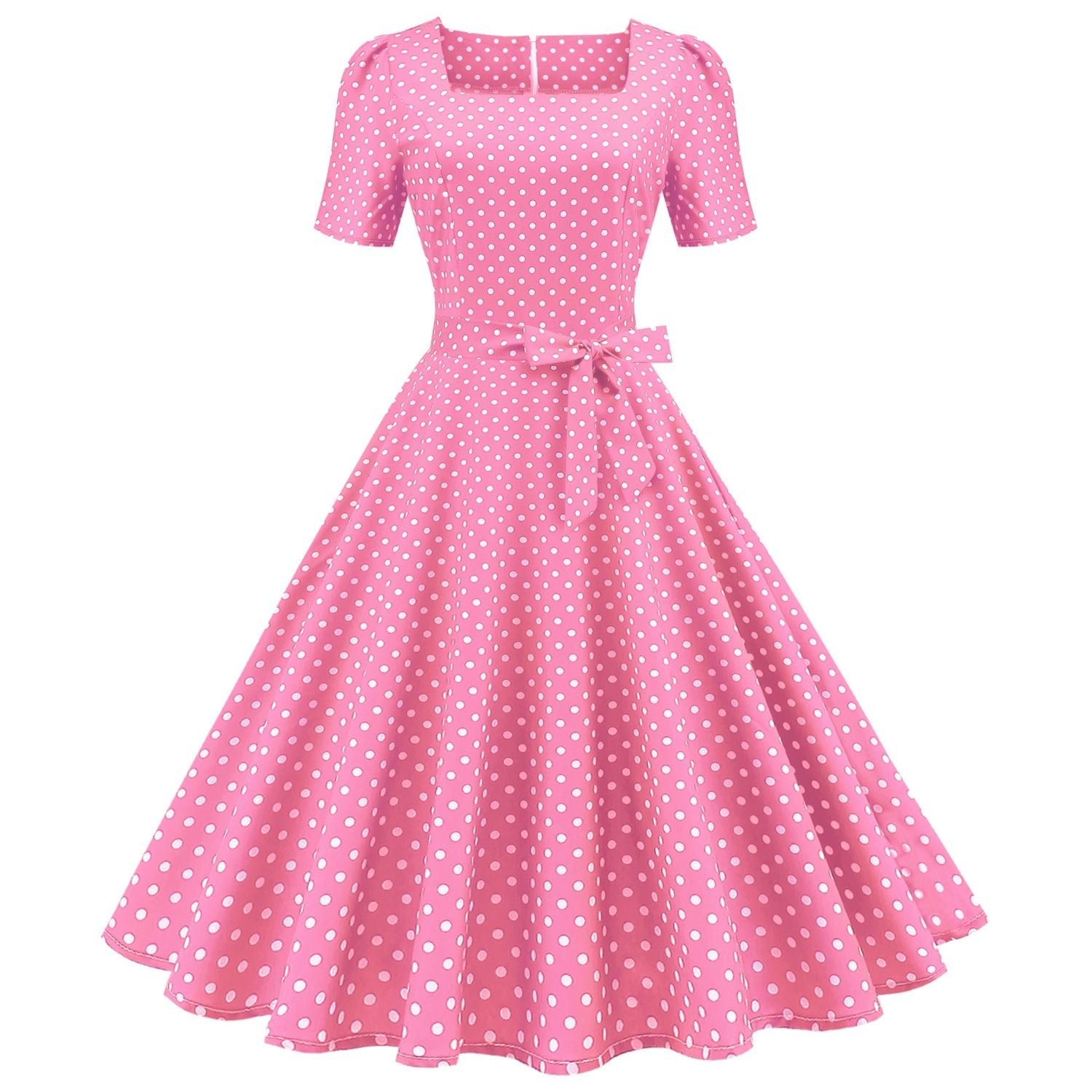 Womens 1950s Vintage Dress Bowknot Prom Short Sleeve Polka Dot Party Dress