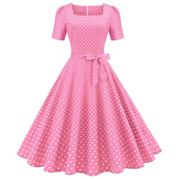 Womens 1950s Vintage Dress Bowknot Prom Short Sleeve Polka Dot Party Dress